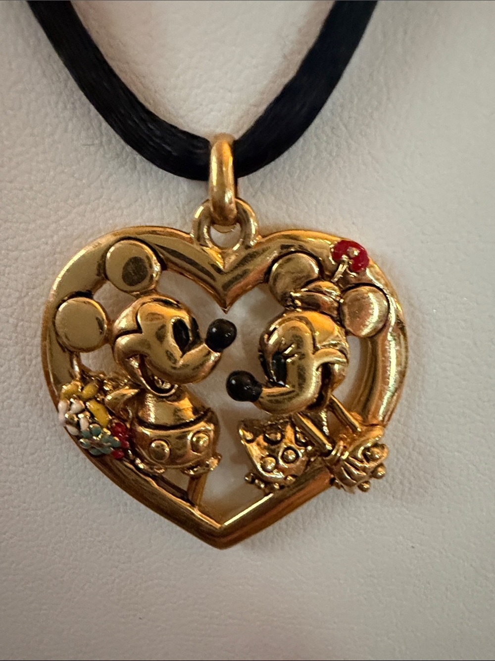 Vintage Gold Heart Mickey and Minnie Mouse Pendant Necklace on Black Cord